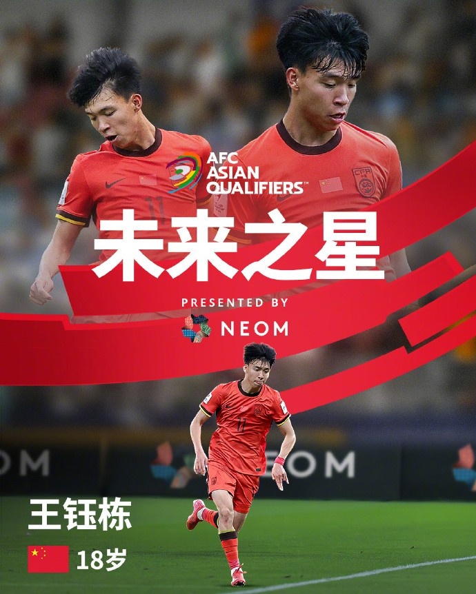 亞洲杯官方社媒發(fā)布王鈺棟個人海報：青年軍的旗幟，飄揚在前哨