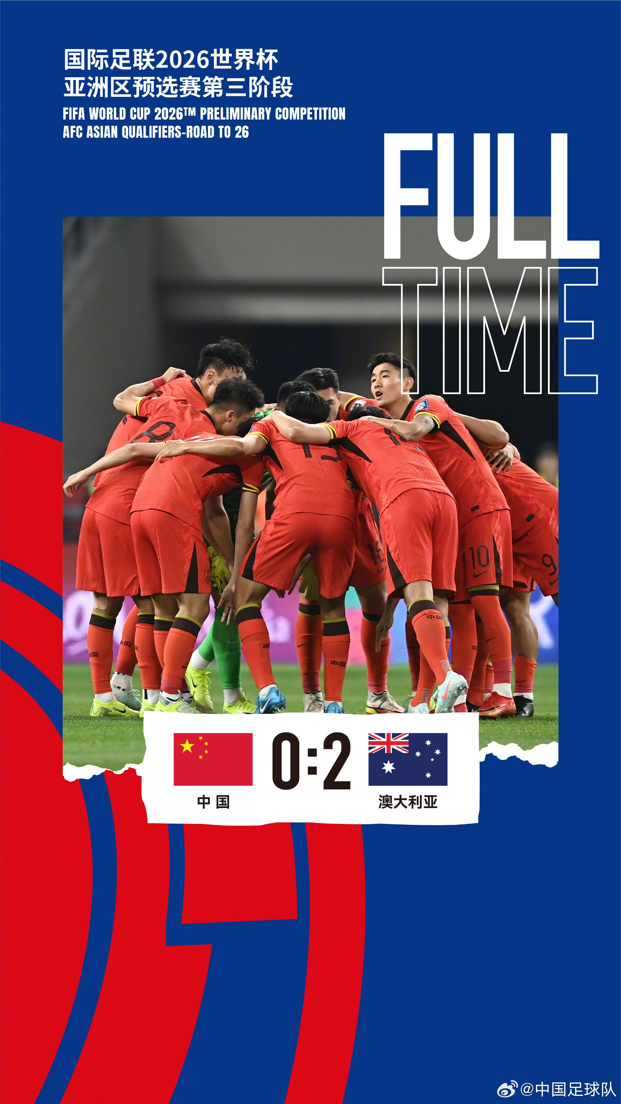 美加墨世界杯亞洲區(qū)預(yù)選賽第三階段第八輪，中國隊0-2澳大利亞隊