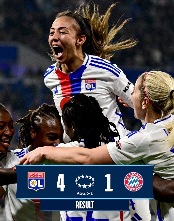 里昂女足4-1大勝拜仁女足，總比分6-1晉級(jí)女足歐冠半決賽