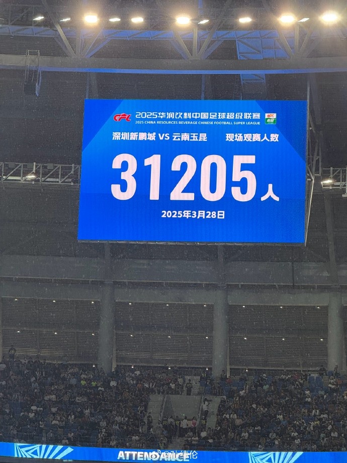 新鵬城新賽季首個主場現(xiàn)場觀眾31205人，為隊史最高上座人數(shù)